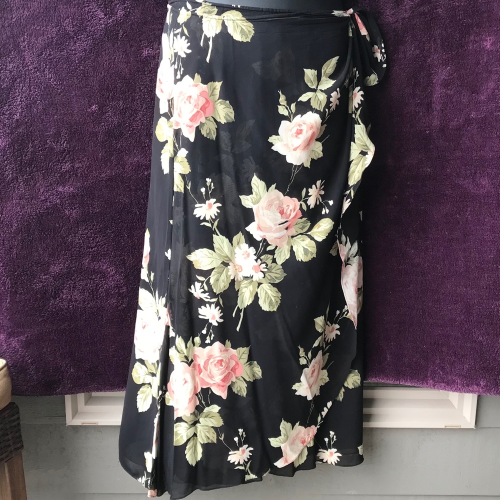Emanuel Ungaro 14/48 sarong wrap maxi skirt roses on black